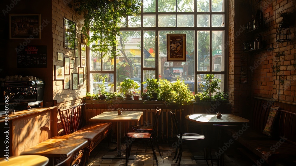 Naklejka premium Cozy Cafe Ambiance with Soft Afternoon Light and Inviting Shadows from Large Window