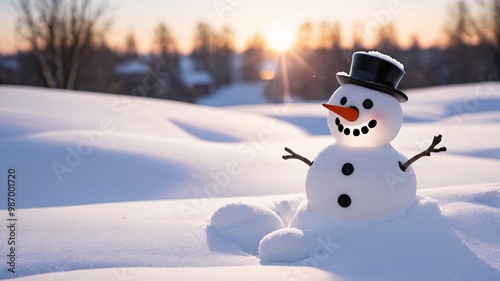 A snowman with a black hat sits in a snowy field, with a sunlit background and a bright orange nose.