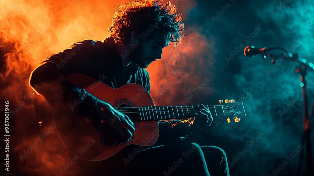 Obraz premium Intense Musical Performance: Artist Among Shadows on Illuminated Stage