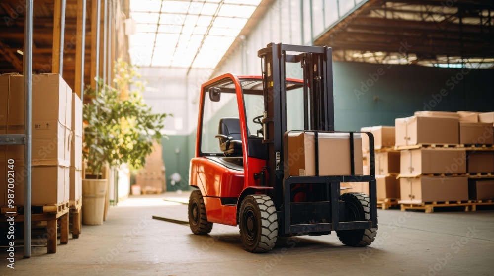 A bright red forklift is parked in a spacious warehouse filled with boxes and bathed in natural light. A bright red forklift is parked in a spacious warehouse filled with boxes and bathed in natural light.