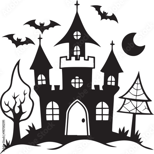 Halloween haunted house, spooky castles cartoon silhouette vector art illustration