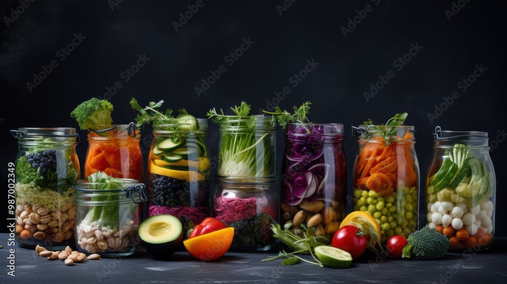 An array of colorful vegetables and fruits preserved in glass jars is aesthetically arranged against a dark background, showcasing healthy and fresh produce. An array of colorful vegetables and fruits preserved in glass jars is aesthetically arranged against a dark background, showcasing healthy and fresh produce.