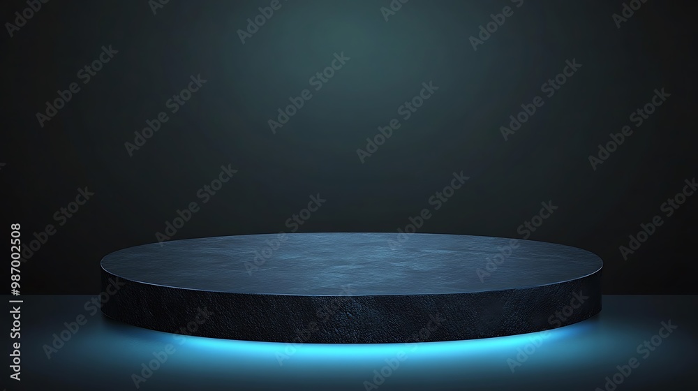 A circular black stone podium with a glowing blue neon light underneath, on a dark blue background. A circular black stone podium with a glowing blue neon light underneath, on a dark blue background.