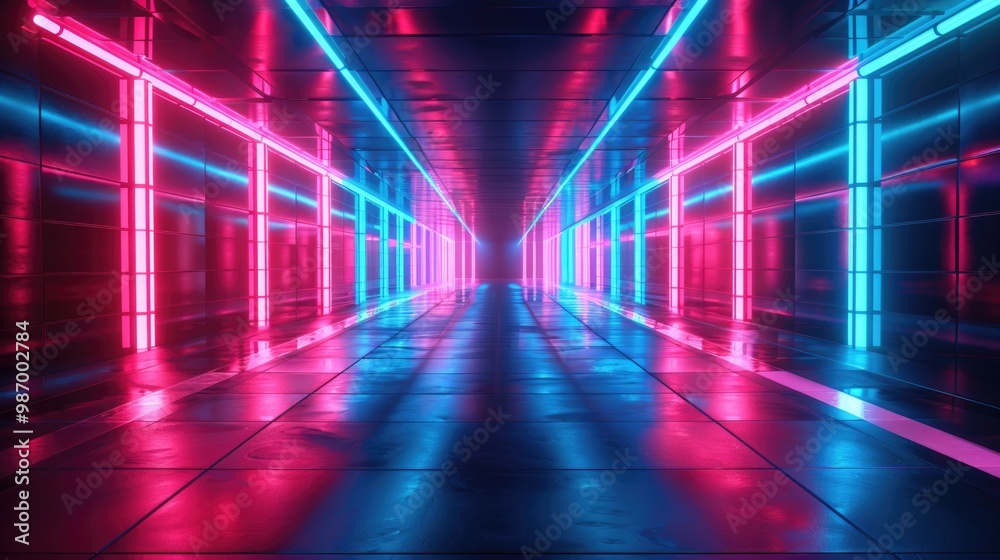 Futuristic Neon-Lit Corridor With Vibrant Pink and Blue Lights Futuristic Neon-Lit Corridor With Vibrant Pink and Blue Lights