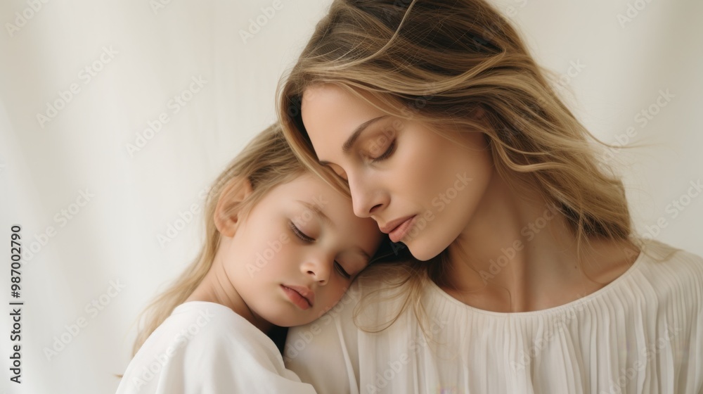 Tender moment of a mother embracing her sleeping daughter, both bathed in soft natural light, exuding tranquility and deep bond. Tender moment of a mother embracing her sleeping daughter, both bathed in soft natural light, exuding tranquility and deep bond.