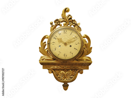 Ornate Antique Wall Clock with Intricate Golden Frame, Featuring Roman Numerals and Vintage Clock Hands. Baroque-Style. . Isolated on Transparent Background.