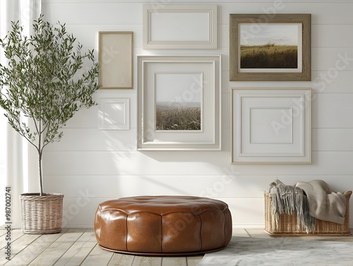 Cozy and inviting vintage inspired farmhouse living room mockup featuring a rustic gallery wall display worn leather ottoman and warm earthy tones creating a modern yet comfortable atmosphere photo