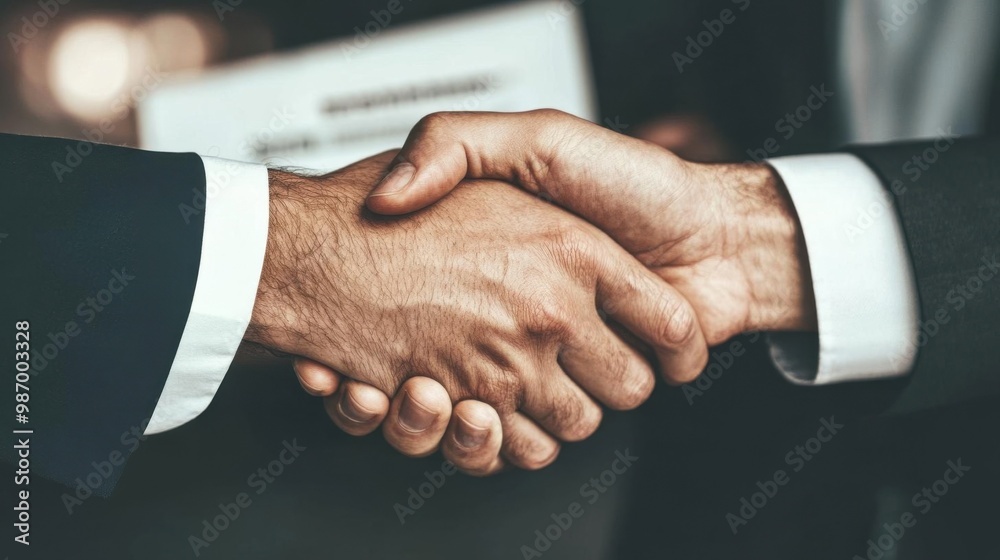 Closeup of two businesspeople shaking hands with documents being exchanged in the background Closeup of two businesspeople shaking hands with documents being exchanged in the background