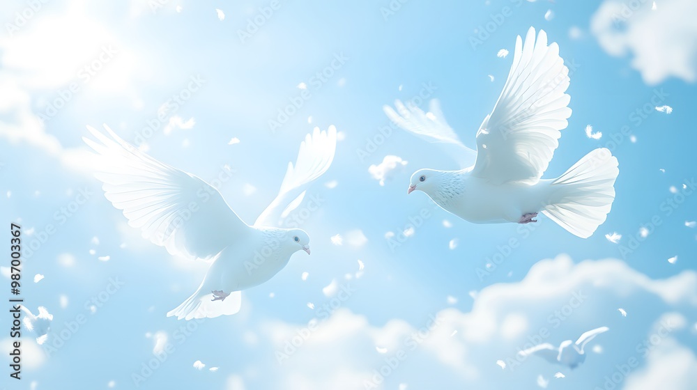 Obraz premium White doves soaring in the sky, representing peace and spirituality.