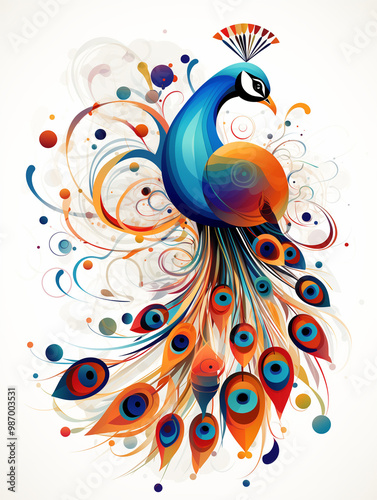 Abstract peacock design for a t-shirt print featuring vibrant colors and intricate patterns