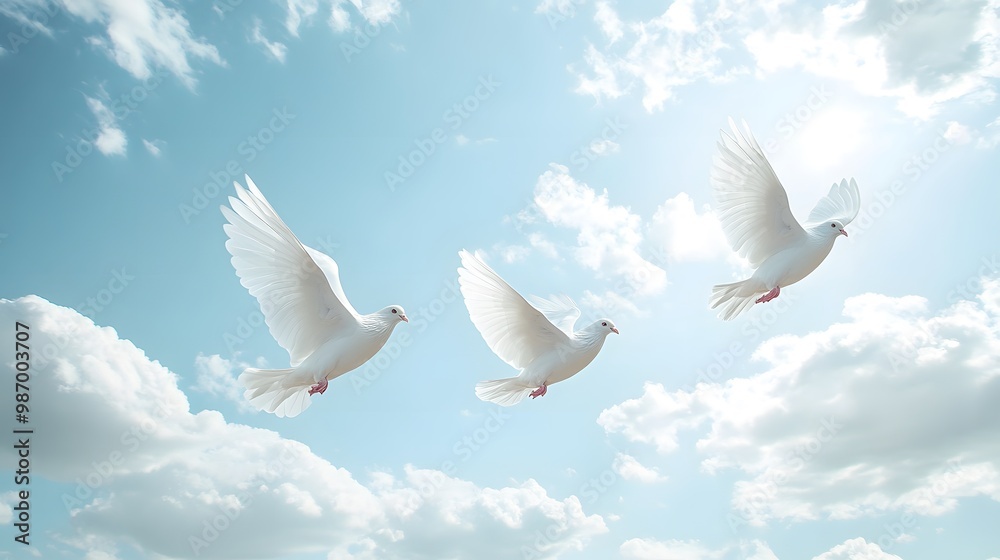 Obraz premium White doves soaring in the sky, representing peace and spirituality.