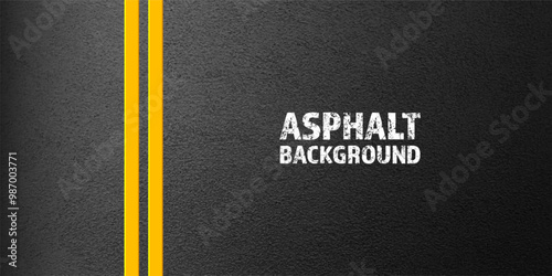 Asphalt road with yellow lane marking, concrete highway surface, texture. Street traffic line, road dividing strip. Pattern with grainy structure, grunge stone background. Vector illustration