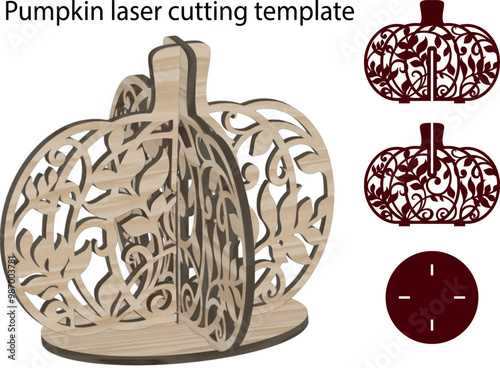3D Pumpkin laser cutting template on stand for Thanksgiving Day, fall holidays, vector lace floral pumpkin

