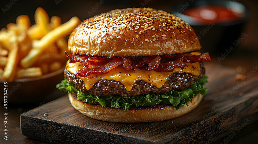 A gourmet burger placed on a rustic wooden board, with melted cheese oozing over the edges, crispy bacon strips, and fresh lettuce, surrounded by golden fries and a soft warm light, evoking A gourmet burger placed on a rustic wooden board, with melted cheese oozing over the edges, crispy bacon strips, and fresh lettuce, surrounded by golden fries and a soft warm light, evoking