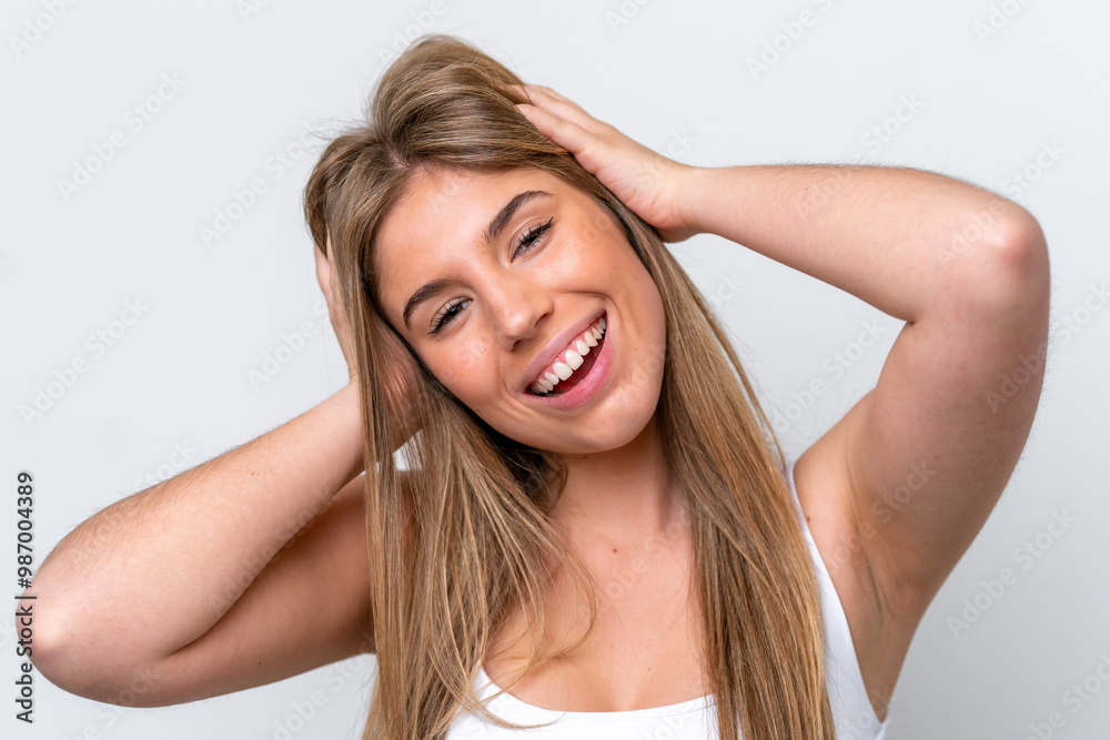 Young caucasian woman isolated on white background with happy expression. Close up portrait Young caucasian woman isolated on white background with happy expression. Close up portrait