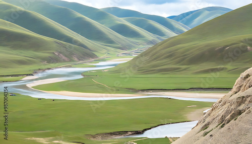 Beautiful scenery of the grassland in the Elashan region of Gonghe County, natural ecology and human culture photo