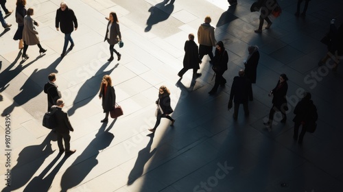 A bustling urban scene with people casting long shadows as they walk through a sunlit plaza, creating dynamic patterns on the pavement.