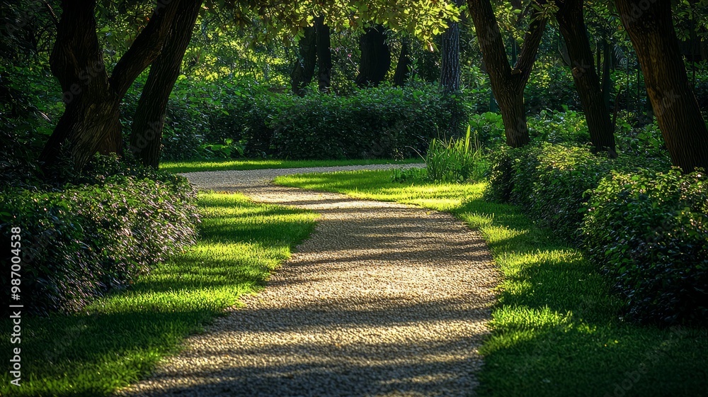 Tranquil Garden Path Bathed in Dappled Sunlight with Serene Tree Shadows Tranquil Garden Path Bathed in Dappled Sunlight with Serene Tree Shadows