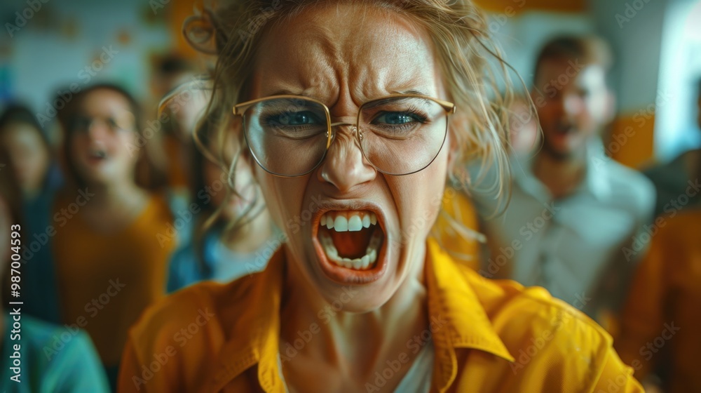 Frustrated Young Woman Yelling in a Crowd
