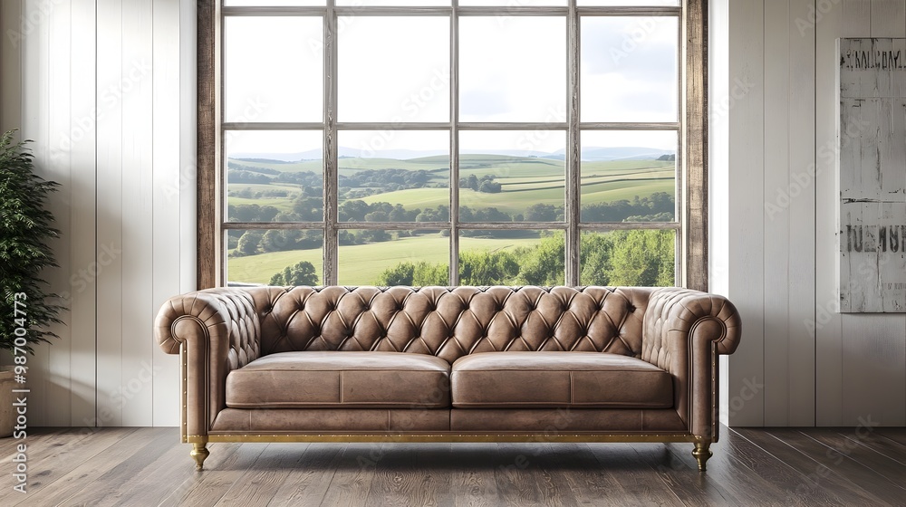 Cozy Chesterfield sofa in a rustic modern living room interior with a panoramic view of a beautiful countryside landscape through a large window The scene features rolling hills lush greenery Cozy Chesterfield sofa in a rustic modern living room interior with a panoramic view of a beautiful countryside landscape through a large window The scene features rolling hills lush greenery