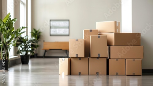 Neatly organized shipping area, brown cardboard boxes, plastic bubble wrap, and shipping labels in a clean office space