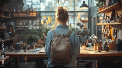 A person wearing a denim jacket with a backpack stands in a sunlit workshop bustling with tools and creative materials, viewed from behind.