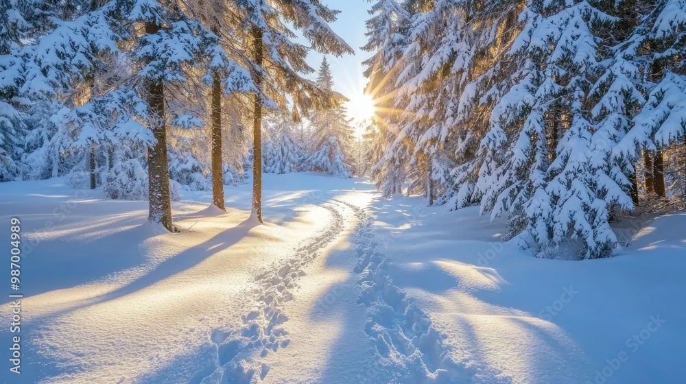 Tranquil Winter Wonderland: Sunlight on Snow-Covered Trees in a Picturesque Landscape Tranquil Winter Wonderland: Sunlight on Snow-Covered Trees in a Picturesque Landscape