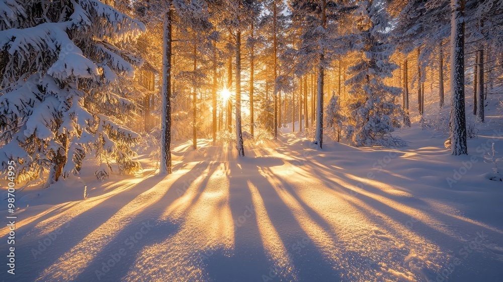 Serene Winter Wonderland: Sunlight Kissed Snow-Covered Trees in a Picturesque Landscape