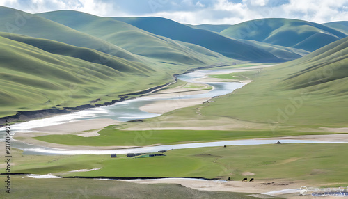 Beautiful scenery of the grassland in the Elashan region of Gonghe County, natural ecology and human culture photo