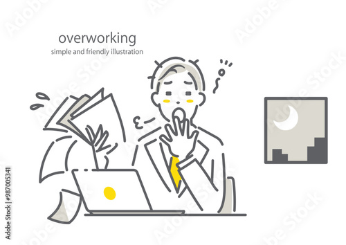ストレスを抱えながら残業をするビジネスパーソン　シンプルでお洒落な線画イラスト