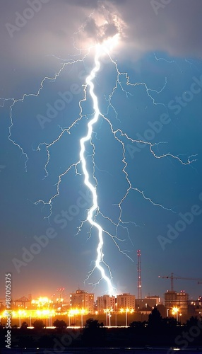 Dramatic lightning strikes over a city skyline during a summer storm at dusk