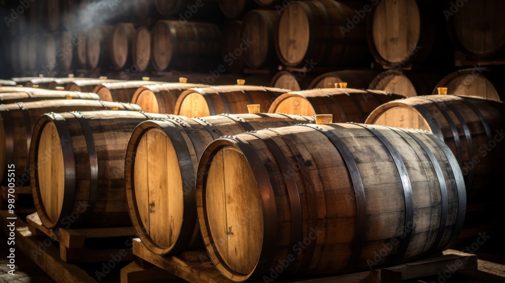 Rustic wooden barrels are tightly packed together in a dimly lit cellar, evoking a sense of tradition and craftsmanship in winemaking. Rustic wooden barrels are tightly packed together in a dimly lit cellar, evoking a sense of tradition and craftsmanship in winemaking.