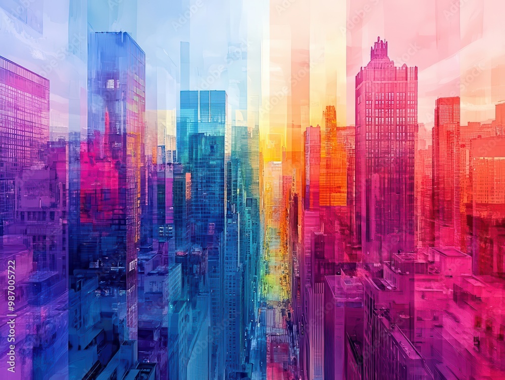 Craft a mesmerizing cityscape of abstract design using vibrant, shifting colors merging with the buildings, digitally painted in a dreamy, surreal style Craft a mesmerizing cityscape of abstract design using vibrant, shifting colors merging with the buildings, digitally painted in a dreamy, surreal style