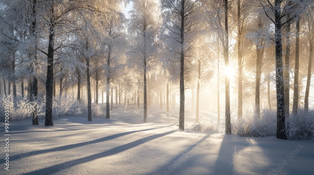 Tranquil Winter Wonderland with Frost-Covered Trees and Enchanting Shadows Tranquil Winter Wonderland with Frost-Covered Trees and Enchanting Shadows