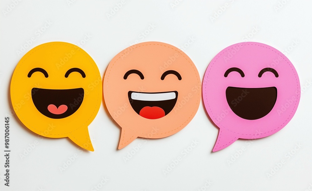 Three speech bubbles in different colors, each containing cutout images of smiling faces and open mouths on a white background