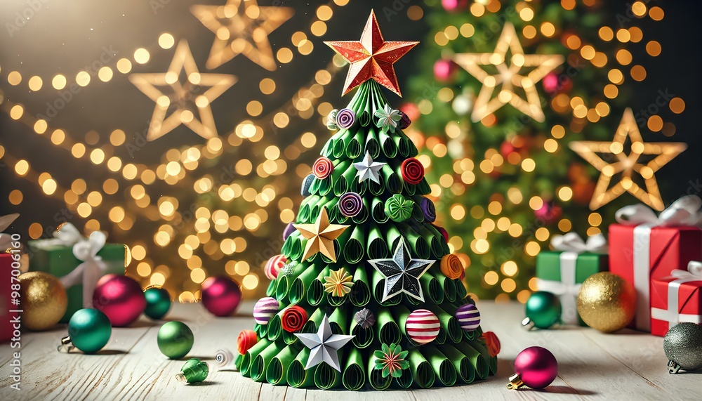 Fototapeta premium A paper-folded Christmas tree decorated with stars, ornaments, and a bright star on top, creating a festive holiday scene.