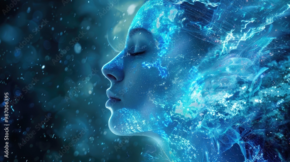 Ethereal Cyber Woman: Digital Blue Fantasy Portrait Ethereal Cyber Woman: Digital Blue Fantasy Portrait