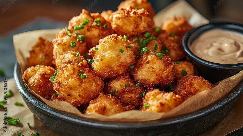 Crispy, golden tater tots served with dipping sauce. Garnished with fresh herbs, this dish offers a delicious combination of crunch and savory flavor perfect for snacking. Crispy, golden tater tots served with dipping sauce. Garnished with fresh herbs, this dish offers a delicious combination of crunch and savory flavor perfect for snacking.