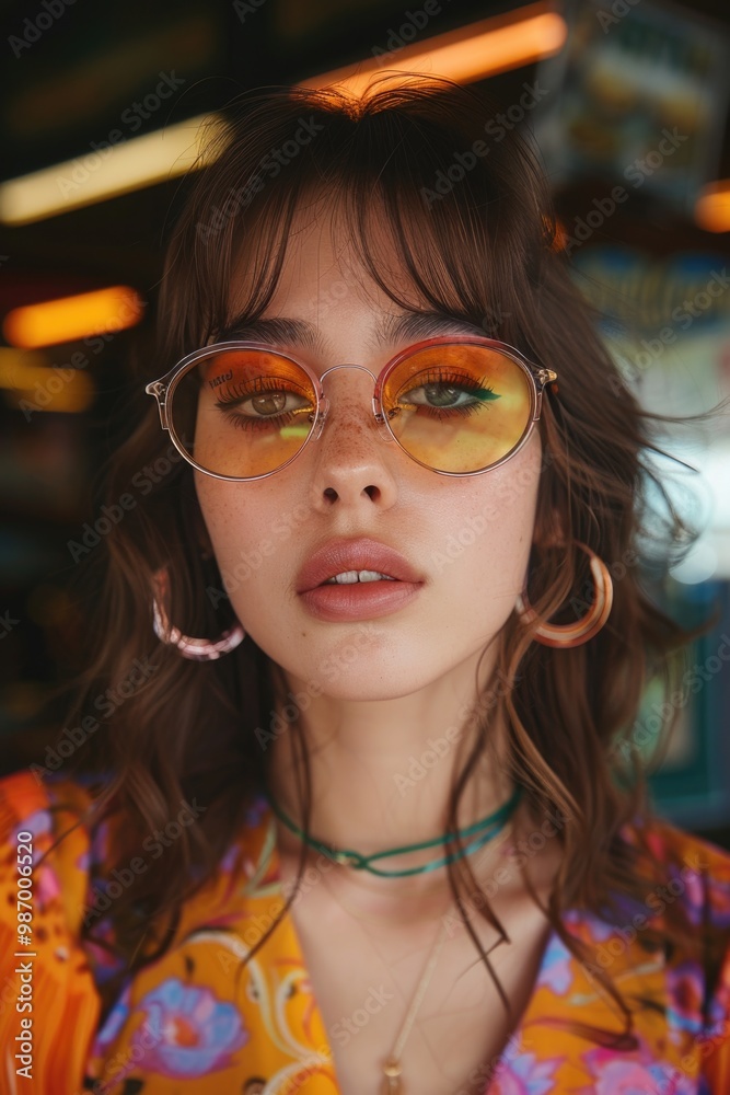 Stylish Young Woman with Unique Glasses and Colorful Outfit Stylish Young Woman with Unique Glasses and Colorful Outfit