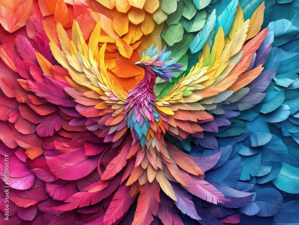 Craft a top-down perspective of a vibrant multicolored phoenix emerging from a sea of hues in a digitally rendered masterpiece symbolizing reinvention and the boundless influence o Craft a top-down perspective of a vibrant multicolored phoenix emerging from a sea of hues in a digitally rendered masterpiece symbolizing reinvention and the boundless influence o