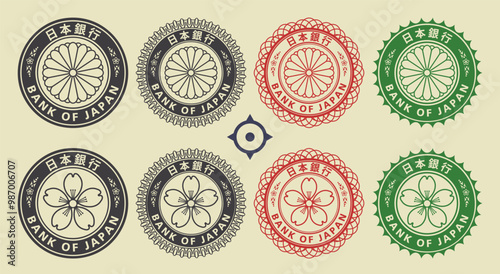 Vector graphic set of financial fictional Japanese seals. Collection of round icons with coat of arms, stylistic chrysanthemum and sakura flowers, inscription bank of Japan. Emblems or badges.