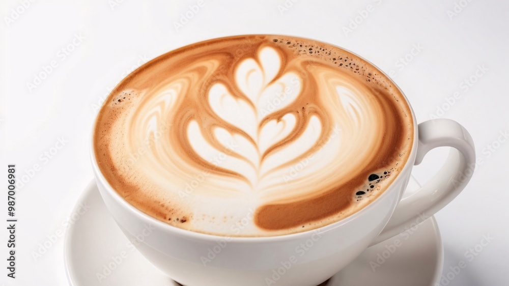 Close-up of a white cup with latte art, a single cup of coffee with a leaf design in the foam. Close-up of a white cup with latte art, a single cup of coffee with a leaf design in the foam.