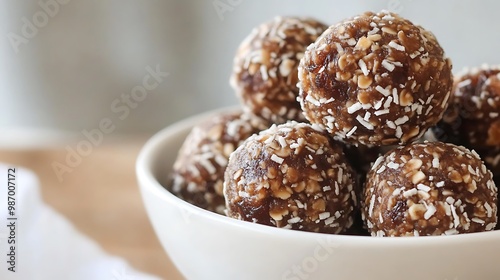 Close-up of a bowl of homemade energy balls with oats, coconut flakes, and dates.