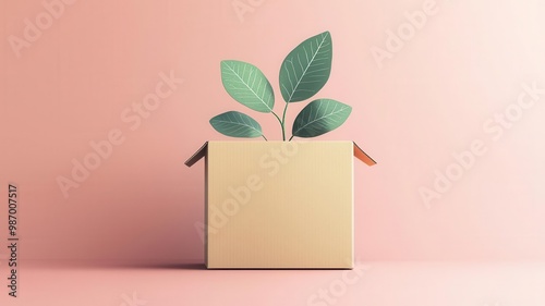 Delivery box with sustainable branding, soft colors, flat design illustration