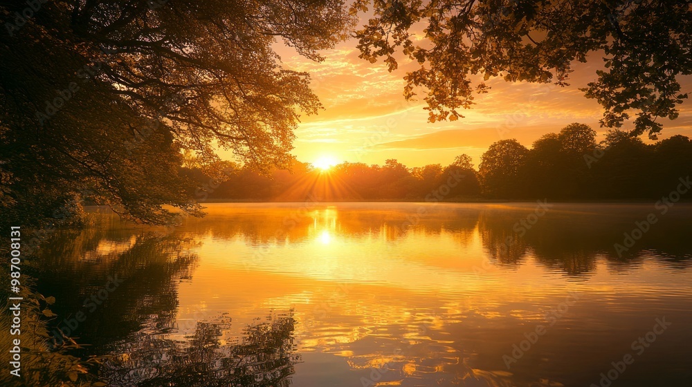 Serene Sunset Reflection on Tranquil Lake with Tree Shadows - Idyllic Nature Landscape Scenery Serene Sunset Reflection on Tranquil Lake with Tree Shadows - Idyllic Nature Landscape Scenery