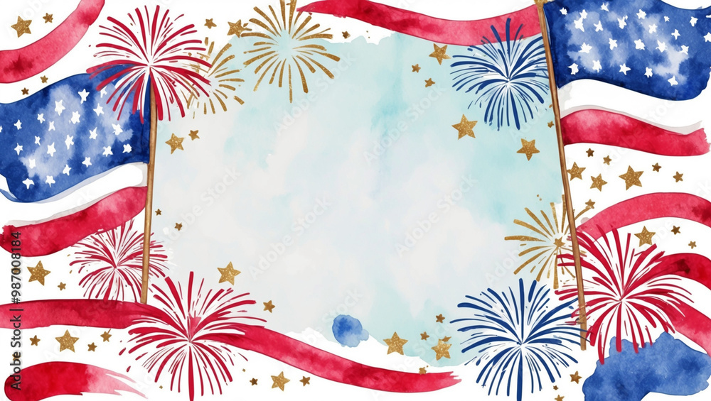 Obraz premium This vibrant Independence Day watercolor background features waving American flags, fireworks, and stars in red, white, and blue. The center is left open, creating a festive, patriotic atmosphere.