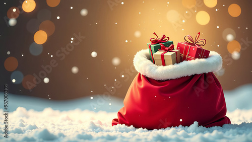 Large open red santa claus bag with lot of gifts, festive christmas card, space for text, festive golden blurred background