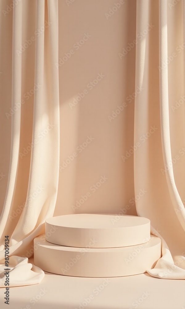 Luxury wooden product podium for beauty and fashion product with silk fabric on beige background Luxury wooden product podium for beauty and fashion product with silk fabric on beige background