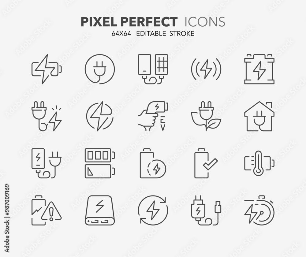 Line icons about battery charging. Contains such icons as charger, EV charger station, power bank and more. Editable vector stroke 64x64 pixel perfect Line icons about battery charging. Contains such icons as charger, EV charger station, power bank and more. Editable vector stroke 64x64 pixel perfect