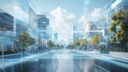 Create a side view of a futuristic city with holographic streets showcasing innovation in design photo